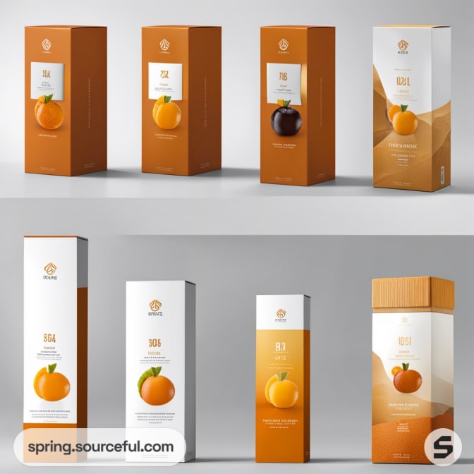 Orange-themed rectangular boxes featuring large fruit images on white and orange backgrounds.