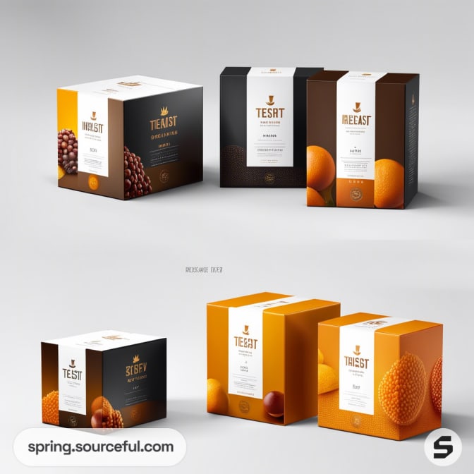 Set of four cube boxes with fruit graphics and elegant labels featuring grapes and oranges in black and orange designs.