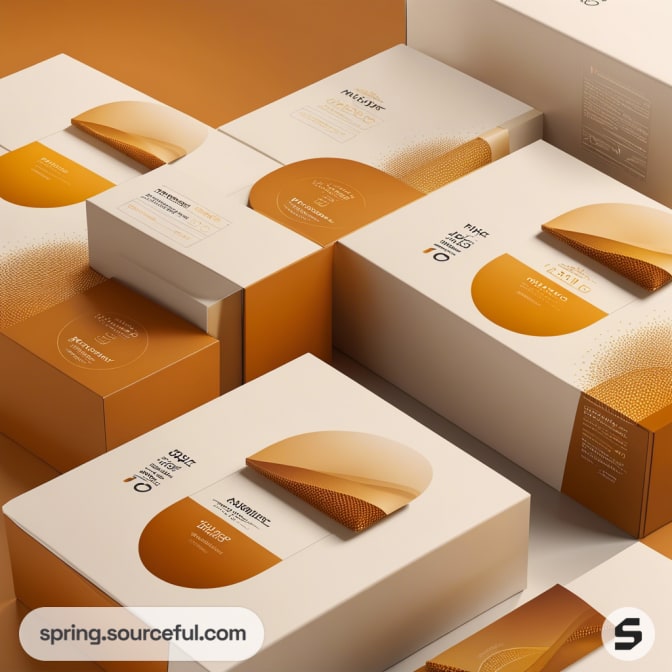 Orange and white boxes with abstract wave patterns, stacked in an organized manner.