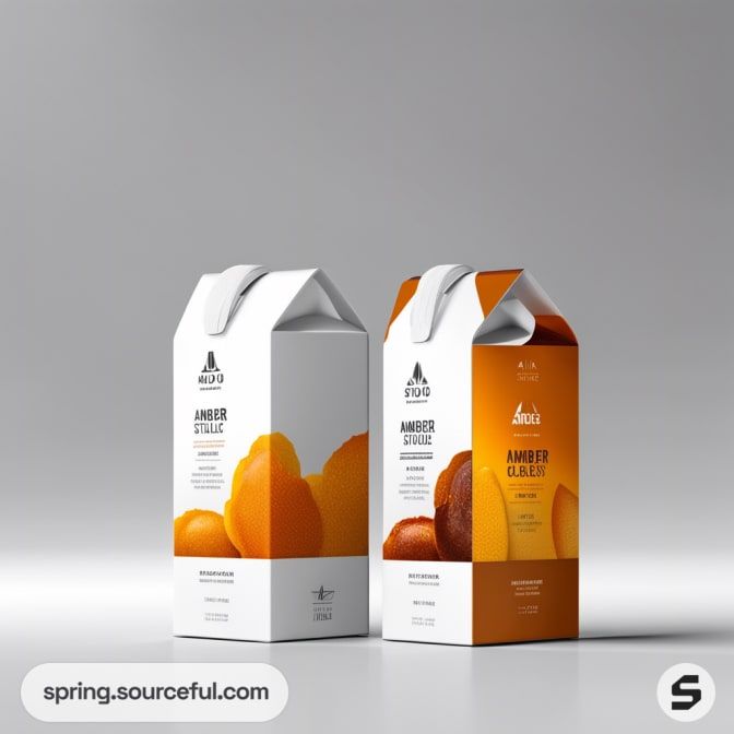 Two juice cartons, one white with yellow graphics, the other orange with brown graphics, on a light gray background.
