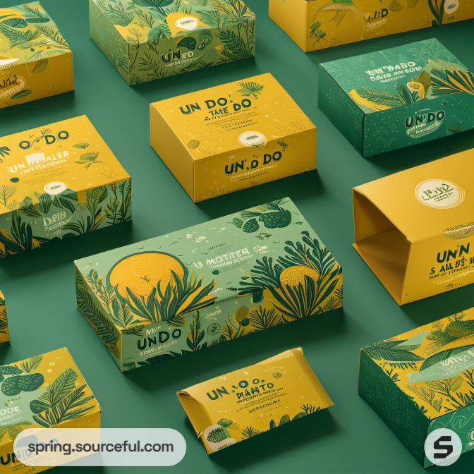 Boxes with foliage and sun illustrations in green and yellow.