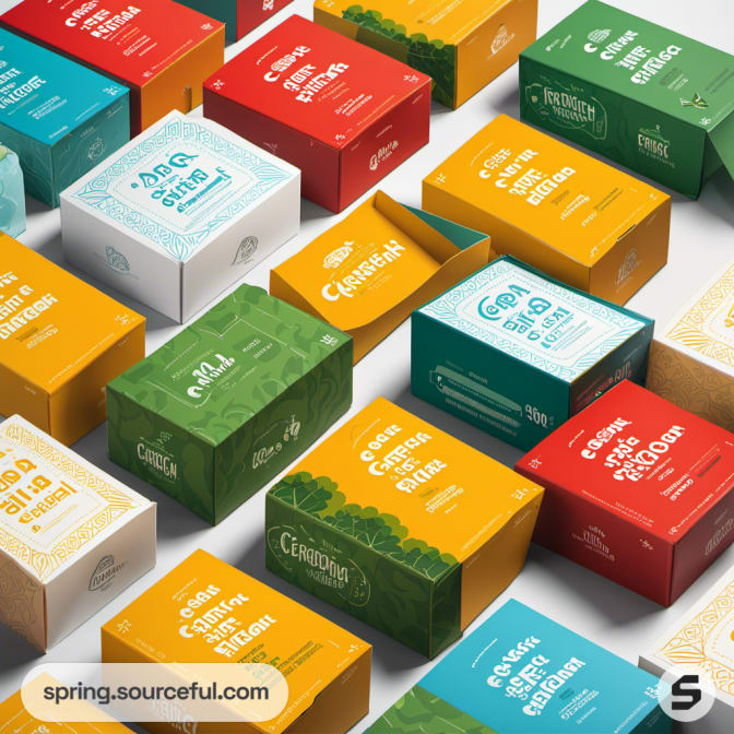 Colorful rectangular boxes with varied designs and text, featuring green, orange, red, and teal hues.