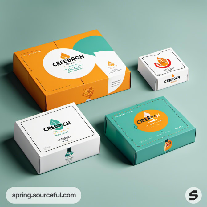 Three rectangular boxes with abstract designs in orange, teal, and white on a green background.