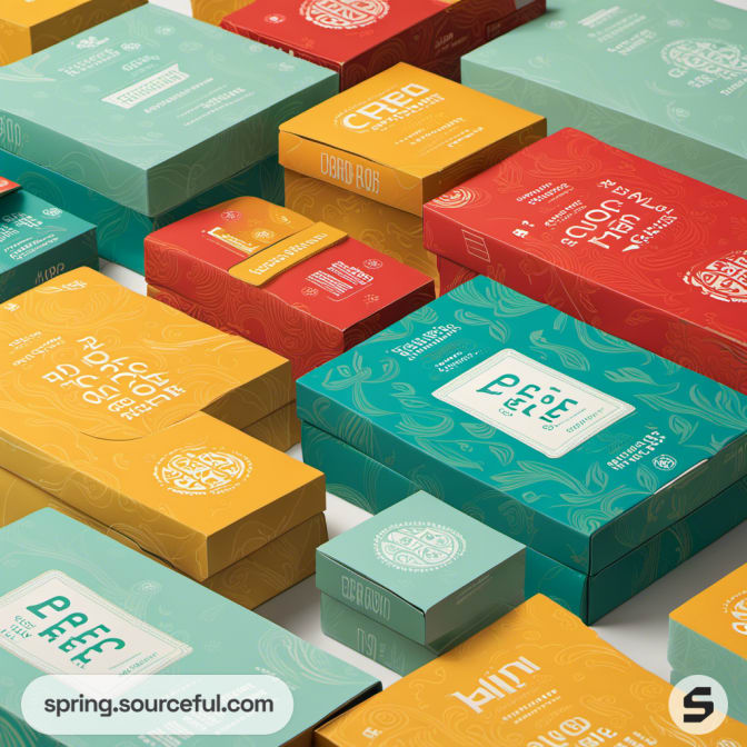 Colorful array of rectangular boxes with distinct designs, in teal, yellow, and orange tones.