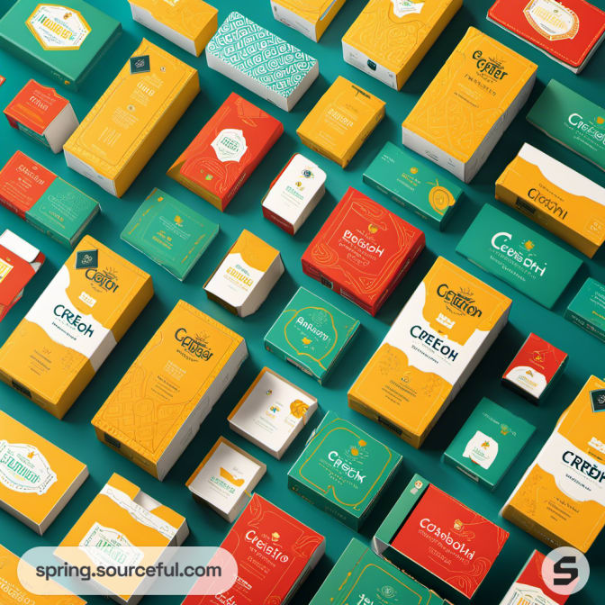 Patterned packaging boxes in teal and yellow hues, with assorted sizes and shapes.