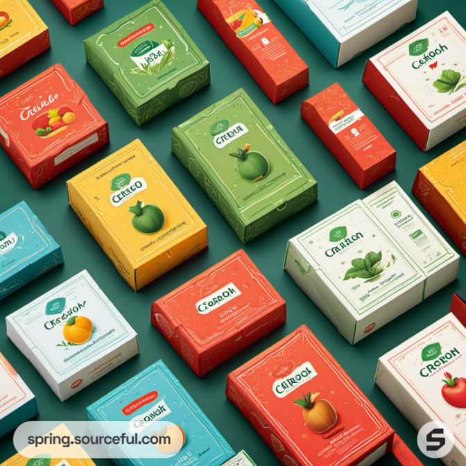 Array of boxes featuring fruit illustrations and text in green, red, and peach tones.