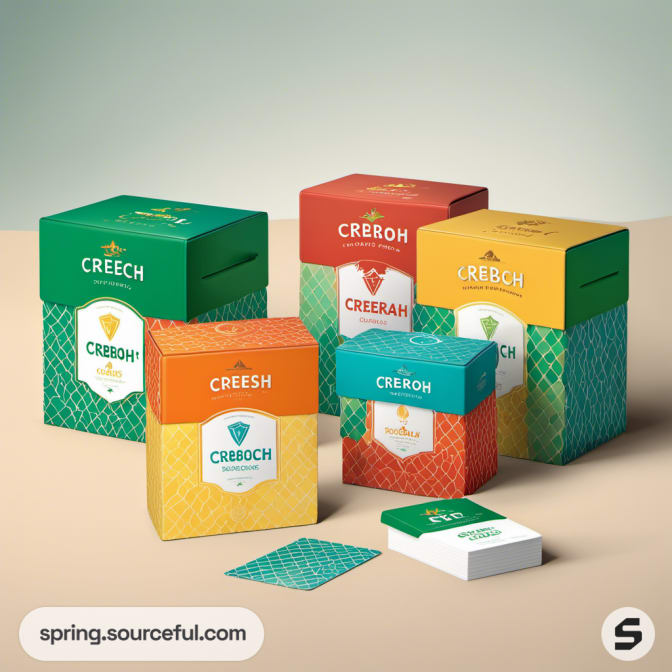 Stacked boxes with patterned designs in teal, orange, and red hues, including a square leaflet.