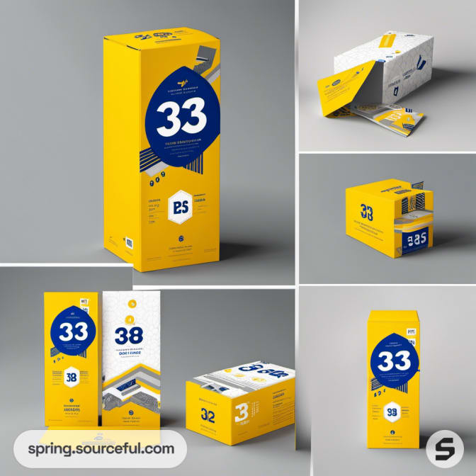 Various packaging designs in yellow and blue with geometric elements.