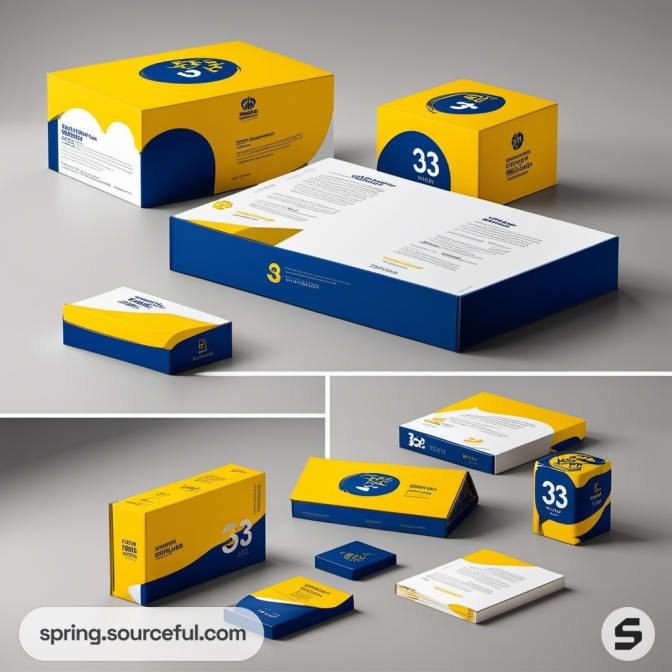 Assorted boxes in blue and yellow with rounded edges and abstract designs.