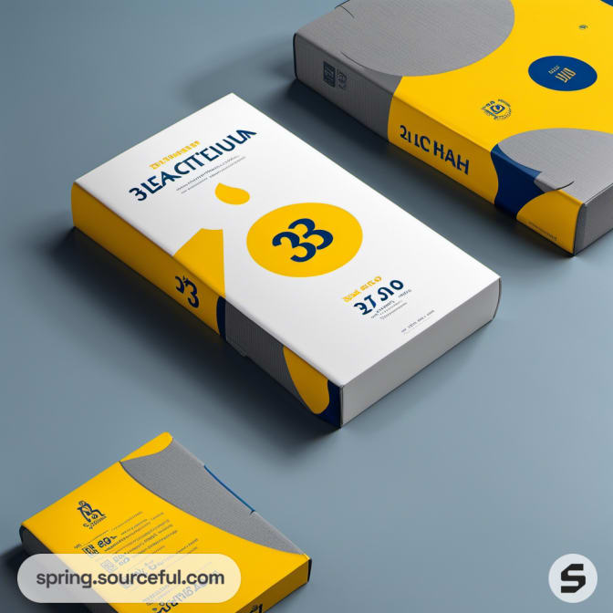 Yellow and blue boxes with abstract designs and numeric branding.