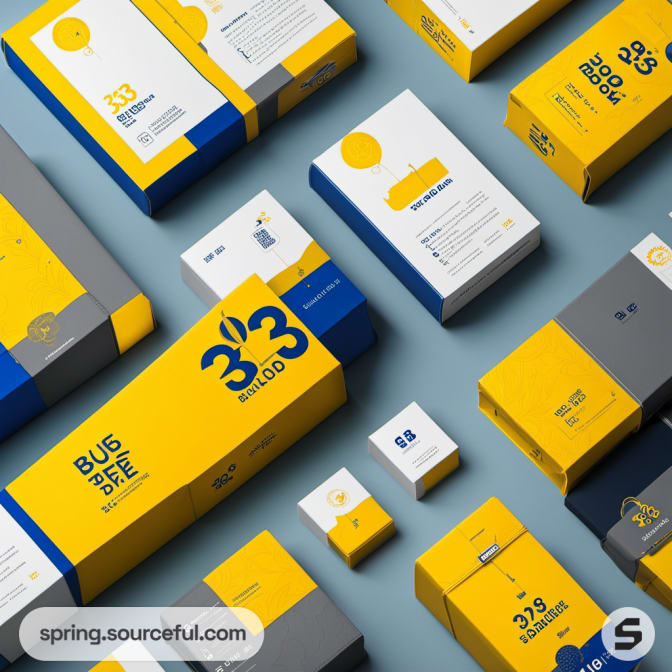 Array of small and large boxes in blue, yellow, and gray with bold patterns.
