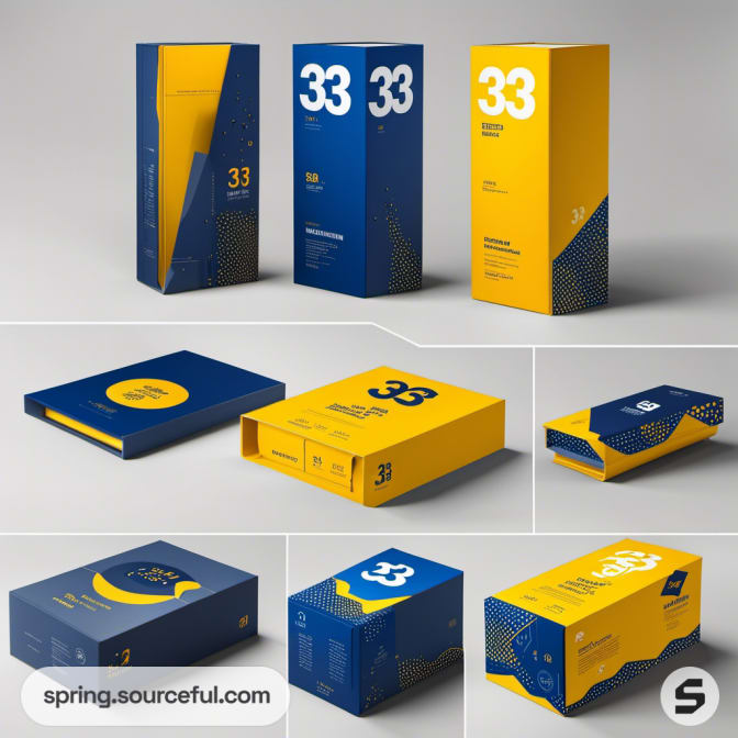 Assorted blue and yellow boxes with polka dot patterns and sleek design.