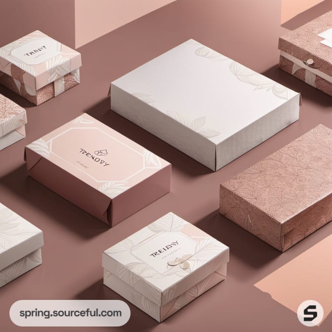 Elegant gift boxes in various pink and beige tones with floral patterns.