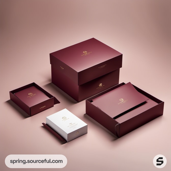 Maroon and white gift boxes with gold accents on beige background.