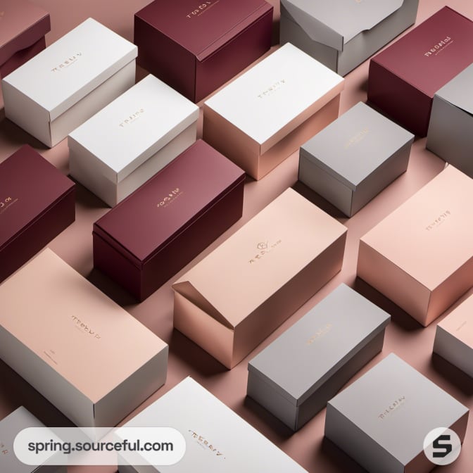 Assorted pastel gift boxes in pink, gray, and maroon hues.