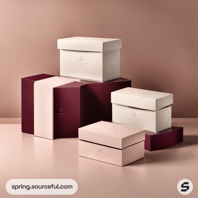 Stacked maroon and ivory gift boxes with minimalist design.