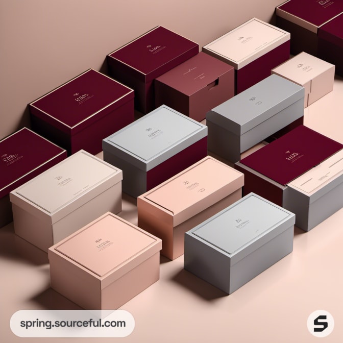 Variety of pink, maroon, and beige gift boxes neatly arranged.