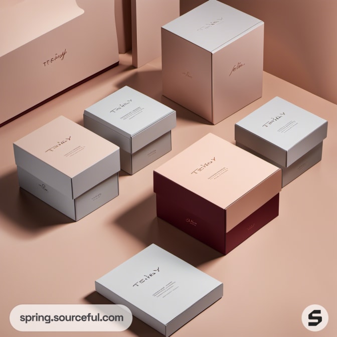 Assorted elegant gift boxes in pink, gray, and maroon shades.