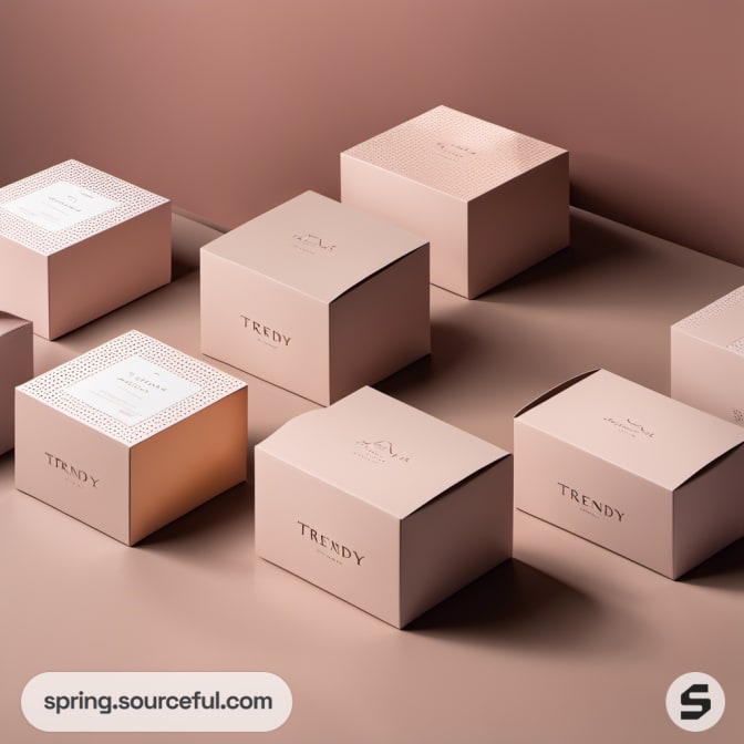 Minimalist pink boxes with trendy branding, spaced evenly.
