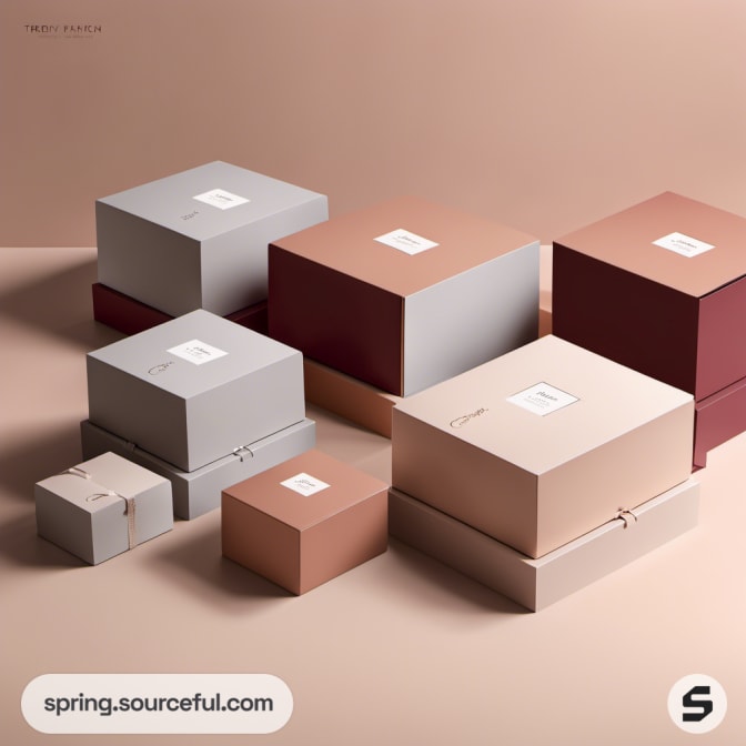 Stacked neutral-toned gift boxes on beige surface.