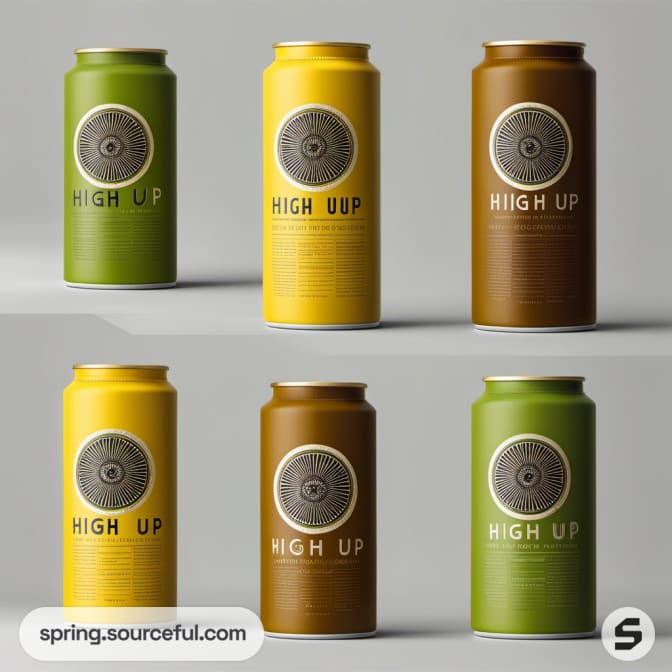 Assorted cans in green, yellow, and brown with circular emblems.