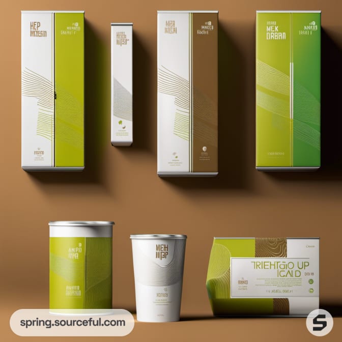 Tall boxes and cups with green, white, and brown design on brown surface.