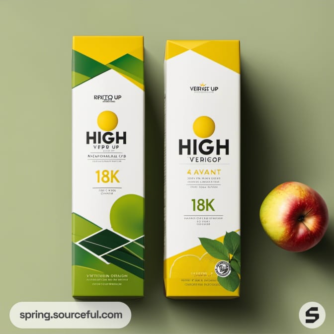 Two tall boxes with '18K' text and apple, green and yellow design.