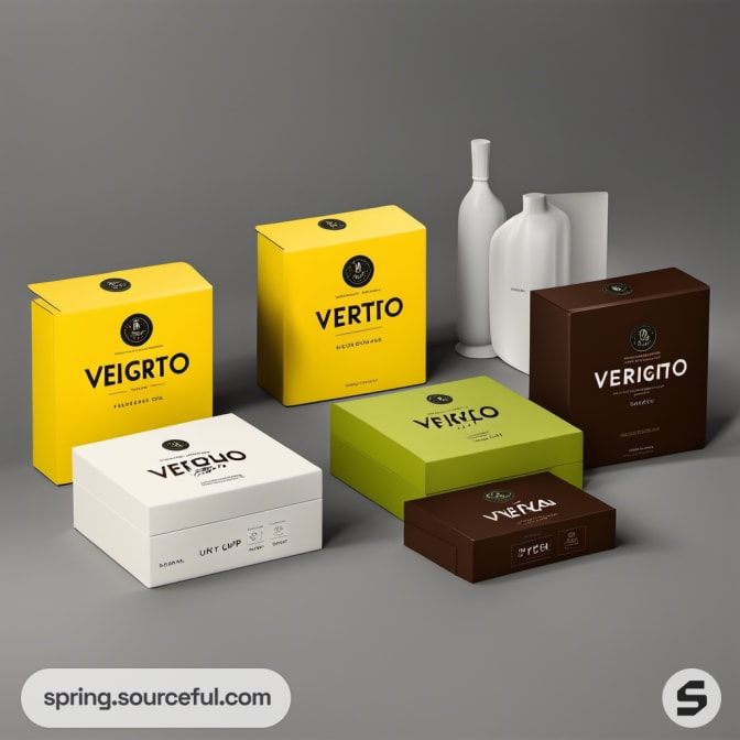 Boxes labeled 'VEIGRTO' and 'VERIGO' in yellow, green, and brown on grey surface.