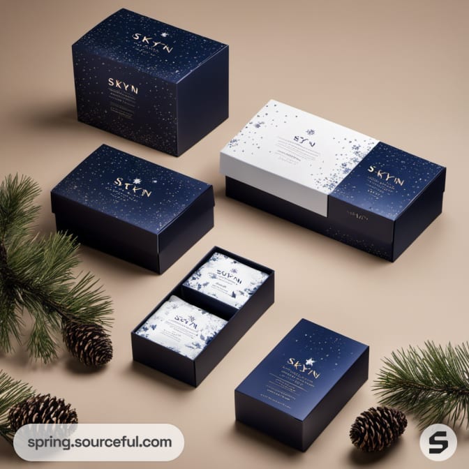 Navy and white boxes with celestial and snowflake motifs, surrounded by pine objects.