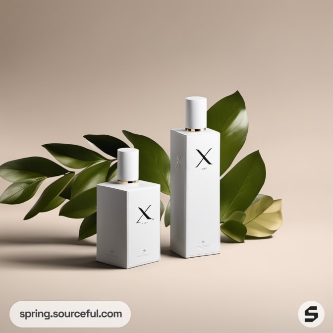 Two white perfume bottles with botanical accents on a backdrop of green leaves.