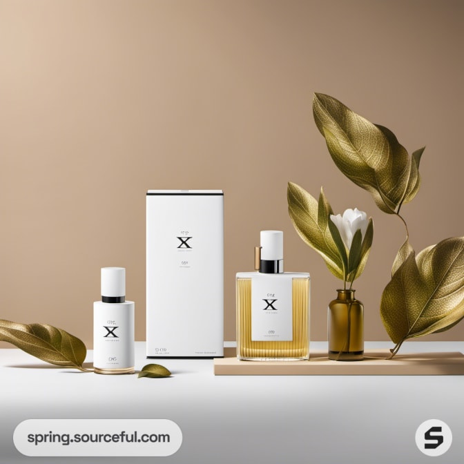 White bottle with box and golden leaf texture set on beige background.