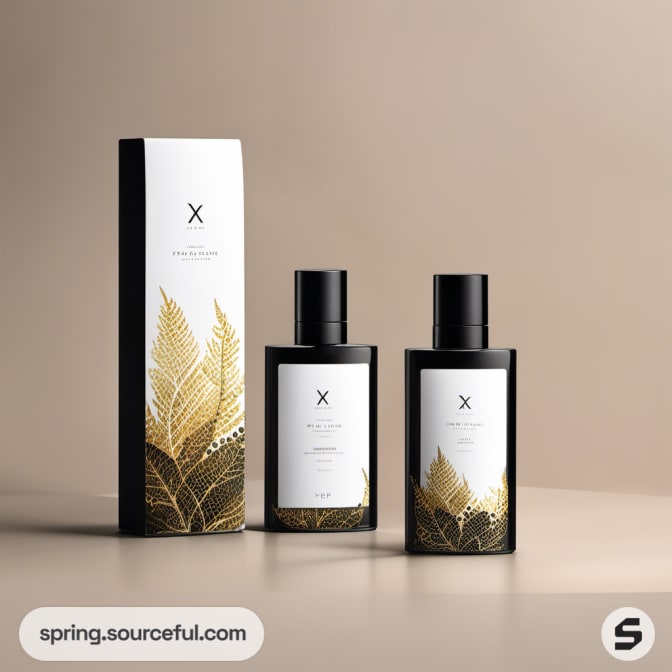 Black perfume bottles with golden leaf design next to matching box.