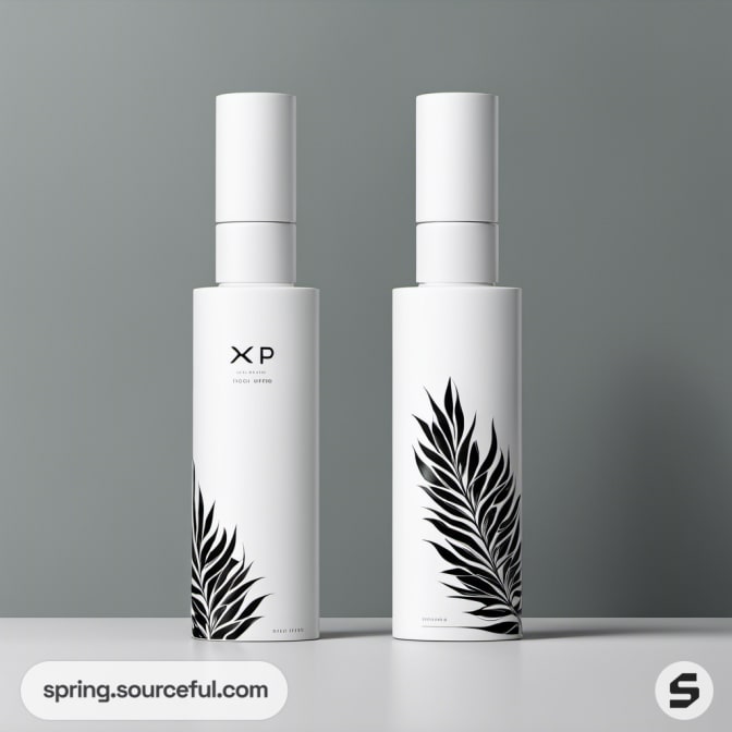 Tall white bottles with black leaf design on a gray backdrop.