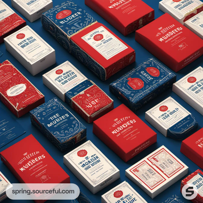 Assorted red and blue book-themed boxes displayed on a blue background.