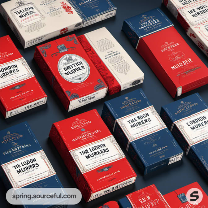 Red and blue packaging with London theme placed on a dark surface.