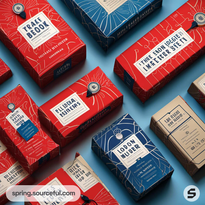 Book-themed red and blue packages on a light blue background.