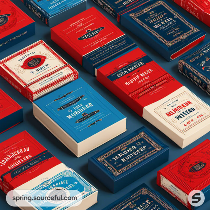 Various red and blue book-style packages arranged neatly.