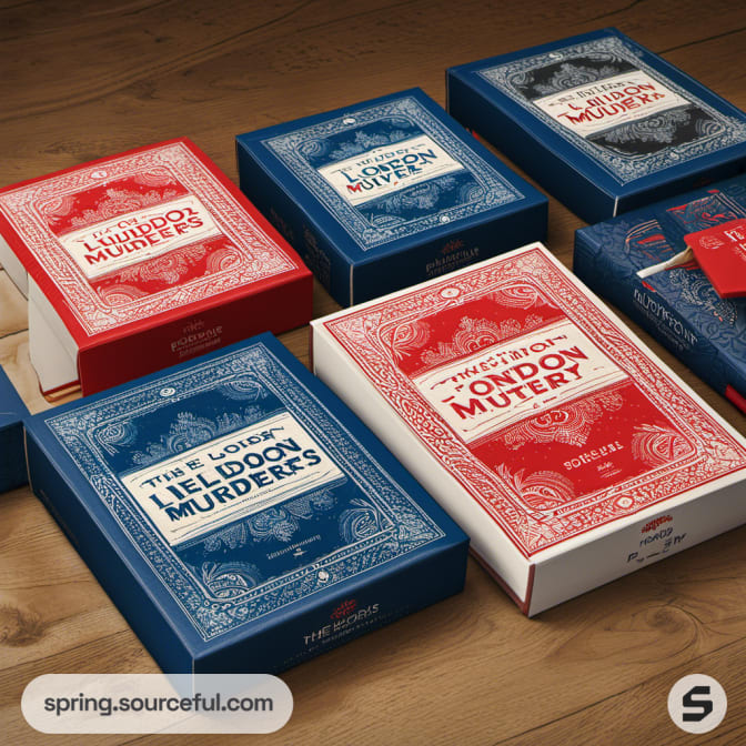 Red and blue London-themed boxes on a wooden surface.
