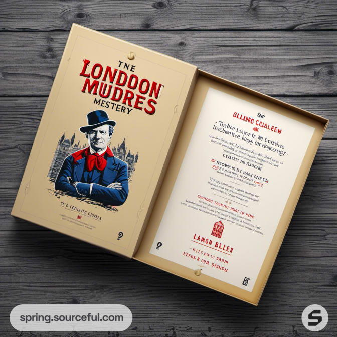 Open book-themed beige package with red and blue text and graphics.
