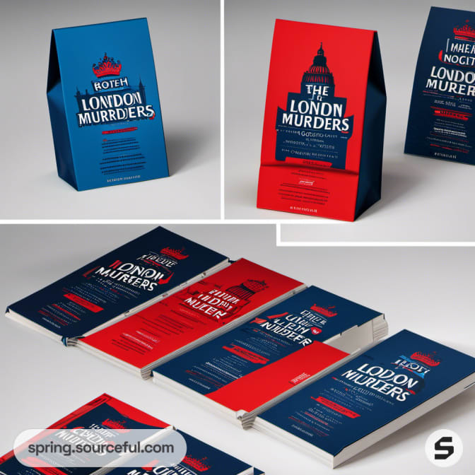 Red and blue freestanding and flat book-style packages.