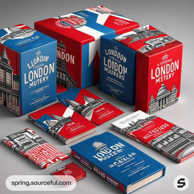 Blue and red London-themed boxes and book covers with architectural design.