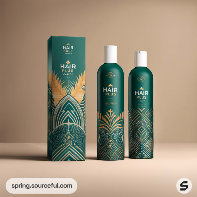 Green and gold shampoo bottles with matching box on beige background.