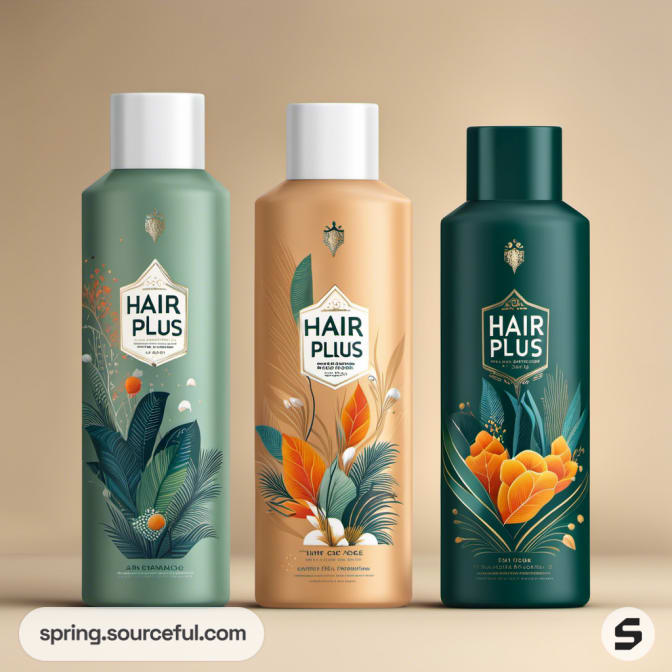 Three shampoo bottles with nature-inspired designs on beige background.