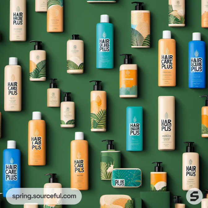 Assorted shampoo bottles with tropical designs on green background.