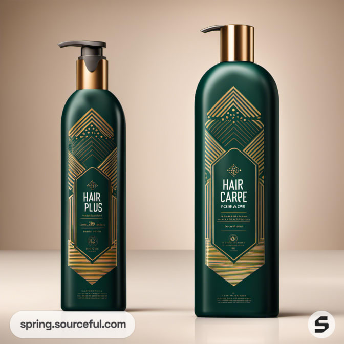 Green and gold shampoo bottles with pump dispenser on beige background.