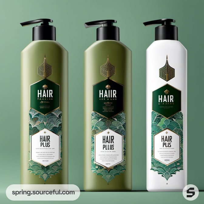 Three olive green shampoo bottles with geometric designs on green background.
