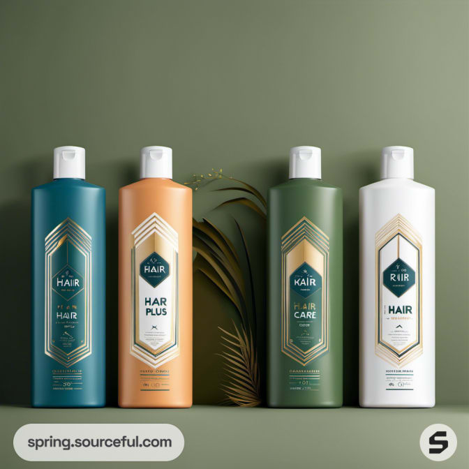Four shampoo bottles in gradient colors on olive green background.