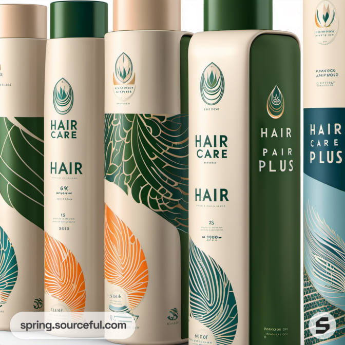 Close-up of tall shampoo bottles with leaf patterns and bold text.