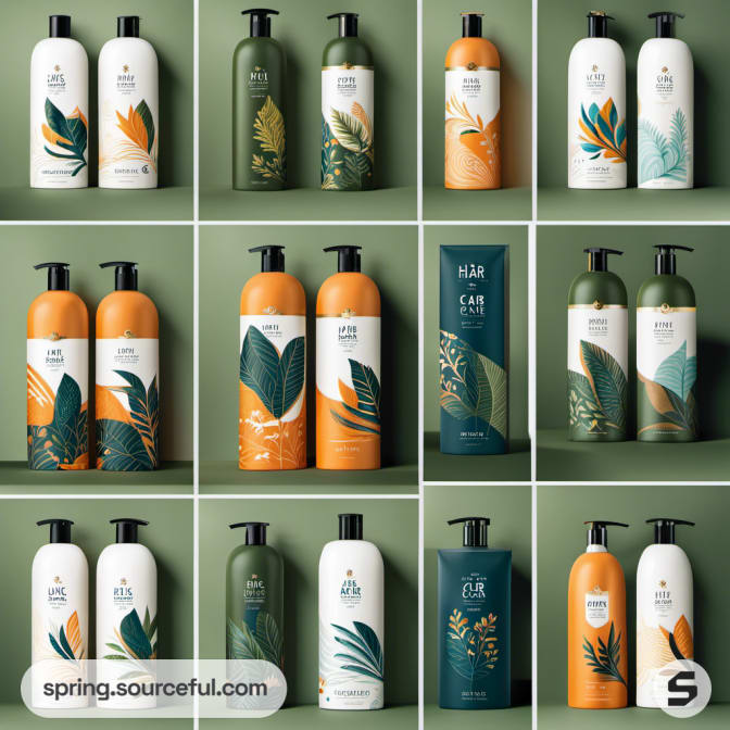 Grid of shampoo bottles with floral designs on olive green background.