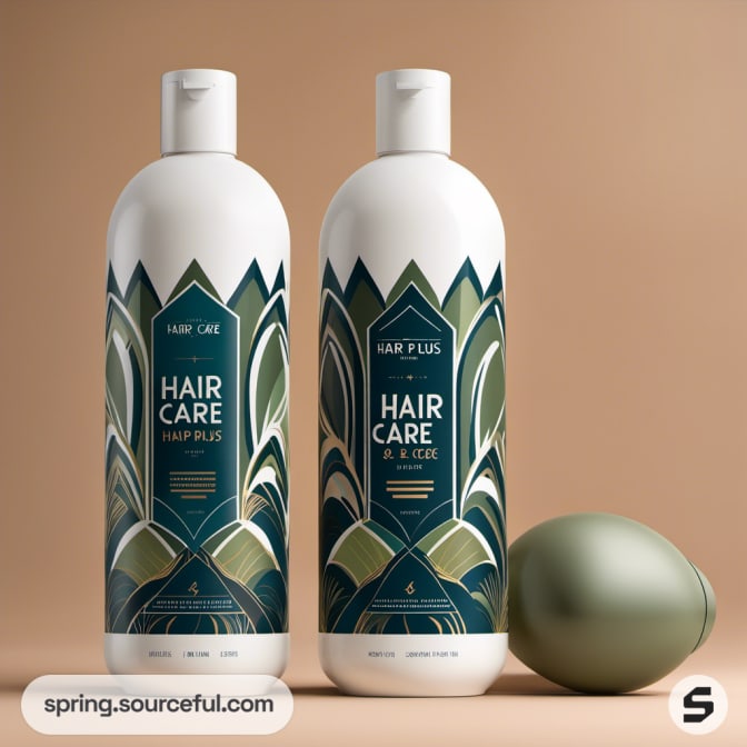 White shampoo bottles with geometric designs on beige background.